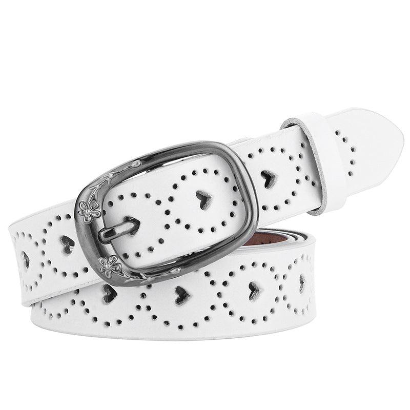 Belt in leather ajouré for women motifs coeurs and buckle fleurs, model FCheni - Zictor