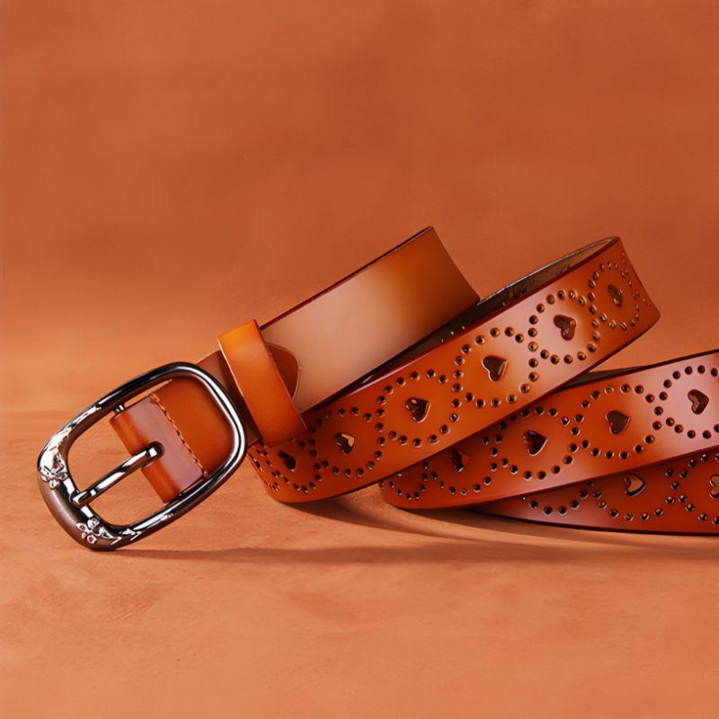 Belt Leather Ajoure For Women Motifs Coeurs And Buckle Fleurs Model Farai by Zictor