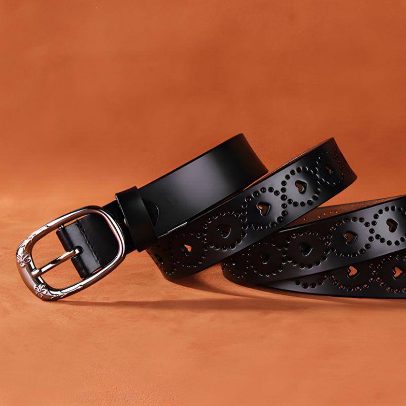 Belt Leather Ajoure For Women Motifs Coeurs And Buckle Fleurs Model Farai by Zictor