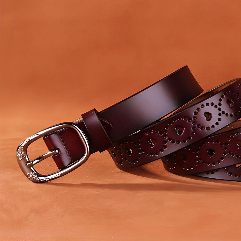 Belt Leather Ajoure For Women Motifs Coeurs And Buckle Fleurs Model Farai by Zictor