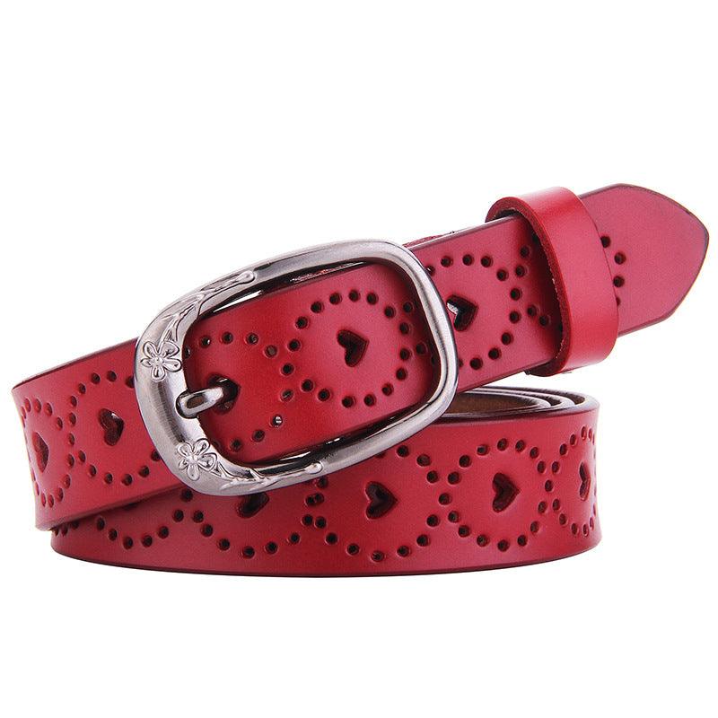 Belt in leather ajouré for women motifs coeurs and buckle fleurs, model FCheni - Zictor