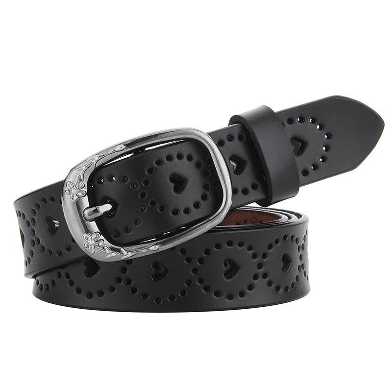 Belt in leather ajouré for women motifs coeurs and buckle fleurs, model FCheni - Zictor