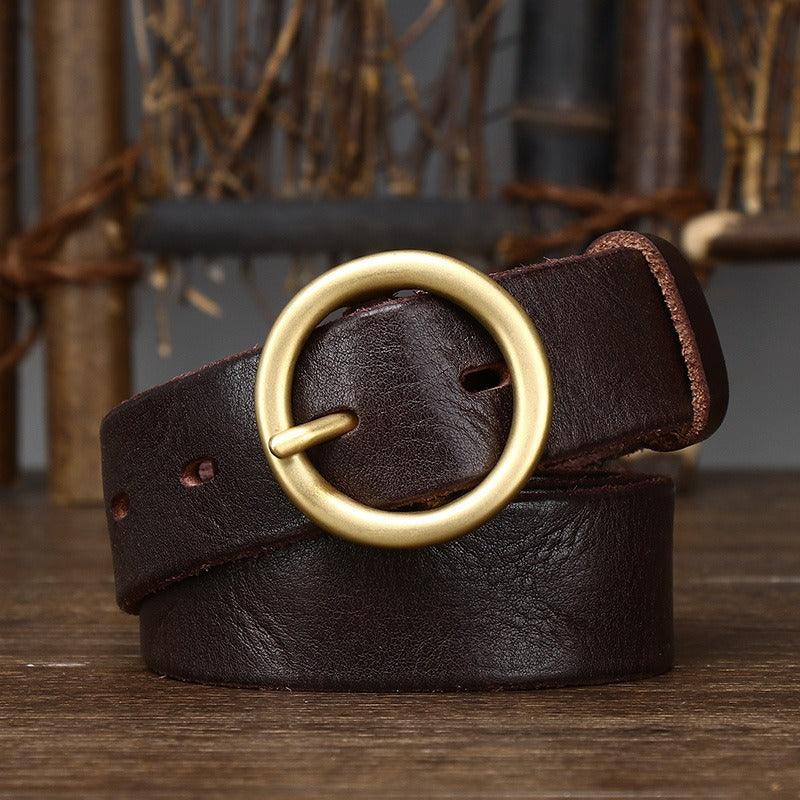 Belt in leather, aspect vieilli, buckle ronde, for women, model Bar - Zictor