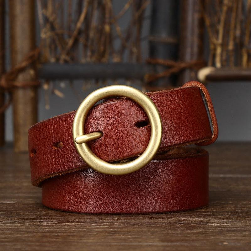 Belt in leather, aspect vieilli, buckle ronde, for women, model Bar - Zictor