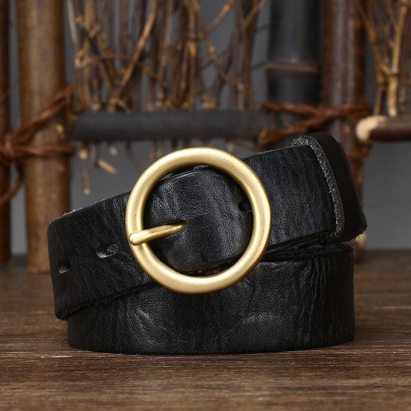 Belt in leather, aspect vieilli, buckle ronde, for women, model Bar - Zictor