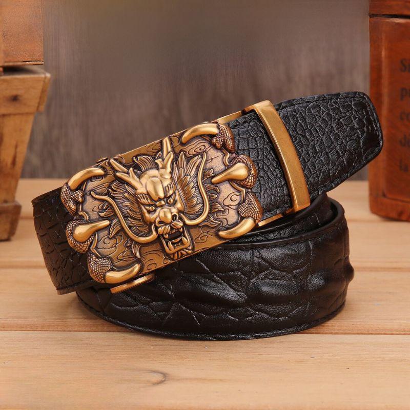 Belt in leather buckle golden dragon for men, model Berkeleie - Zictor