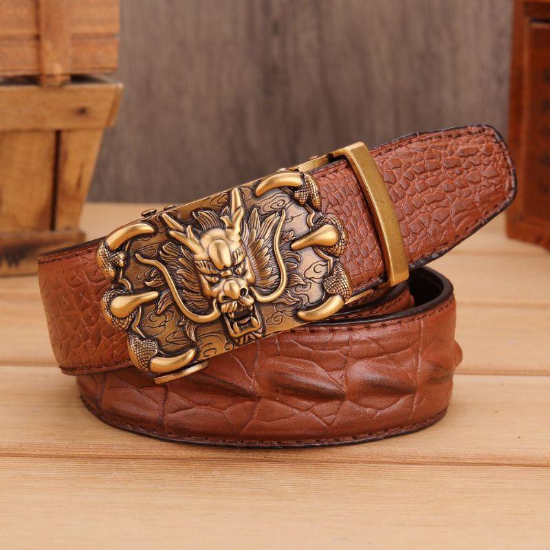 Belt in leather buckle golden dragon for men, model Berkeleie - Zictor