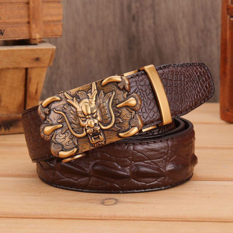 Belt in leather buckle golden dragon for men, model Berkeleie - Zictor