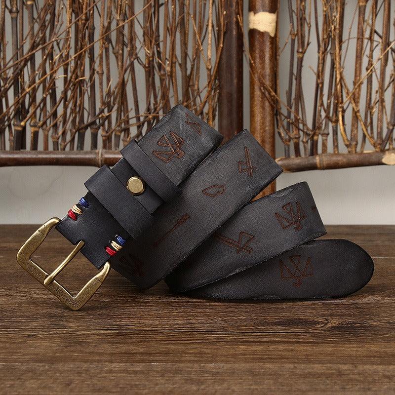 Belt in leather for men au motifs ethniques, model Quyen - Zictor