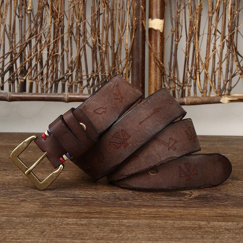 Belt in leather for men au motifs ethniques, model Quyen - Zictor
