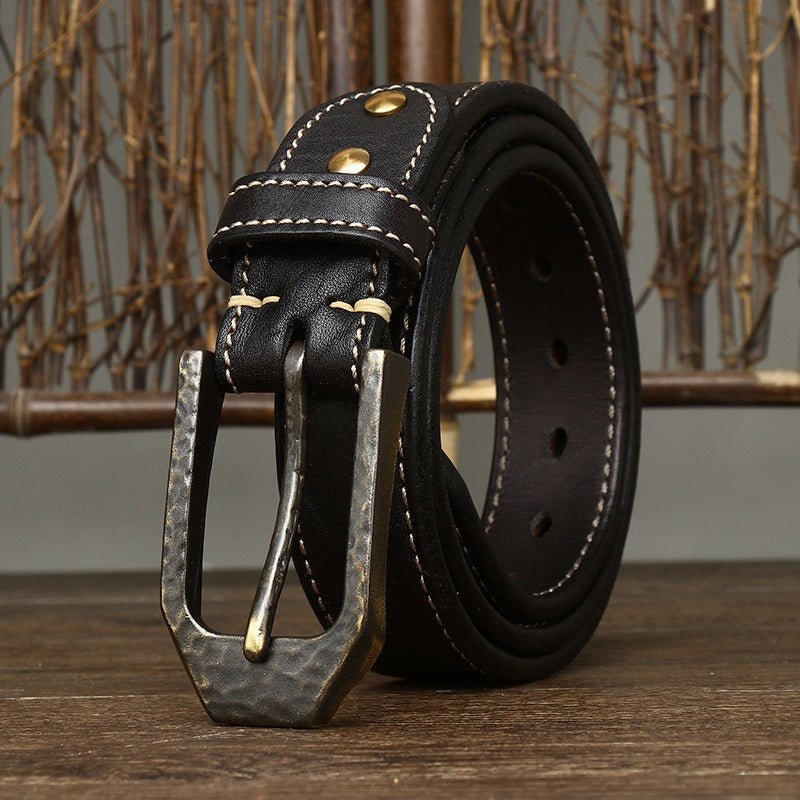 Belt in leather for men, with piqure white sur strap, model Noaen - Zictor
