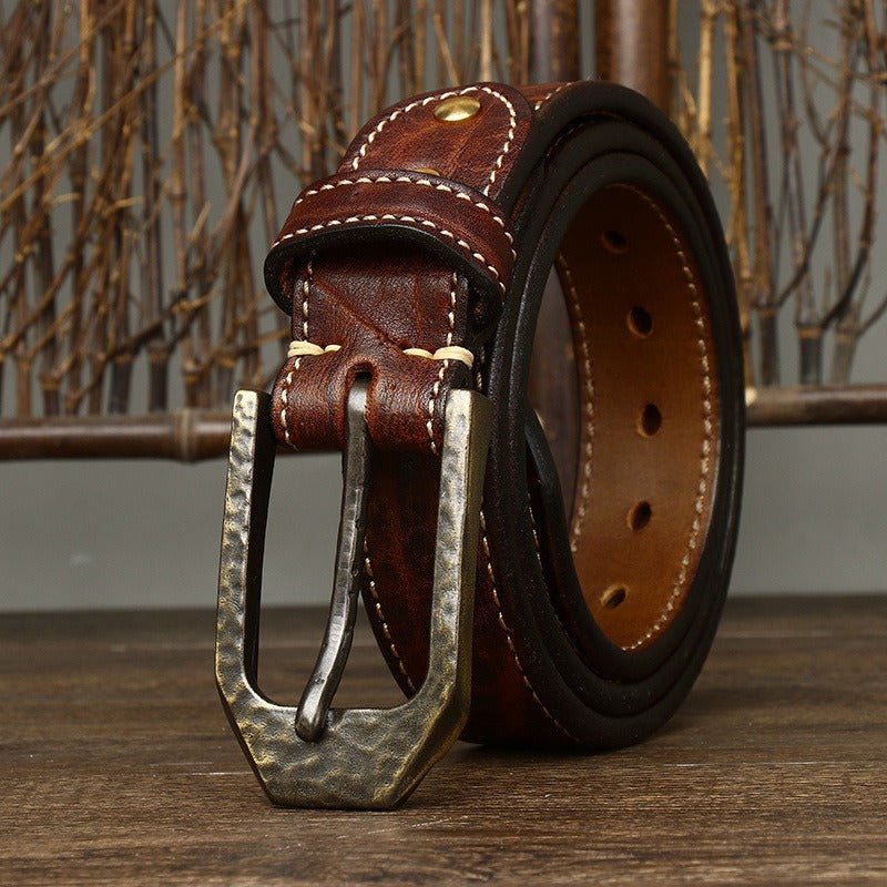 Belt in leather for men, with piqure white sur strap, model Noaen - Zictor