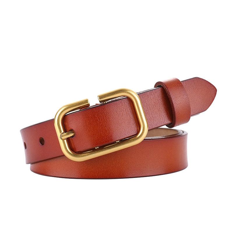 Belt in leather lisse buckle golden Rétro for women, model Ashton - Zictor