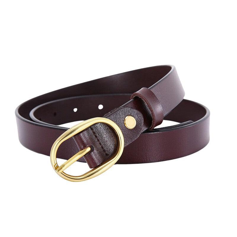 Belt in leather lisse buckle ovale golden for women, model FHuy - Zictor