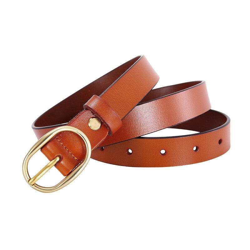 Belt in leather lisse buckle ovale golden for women, model FHuy - Zictor