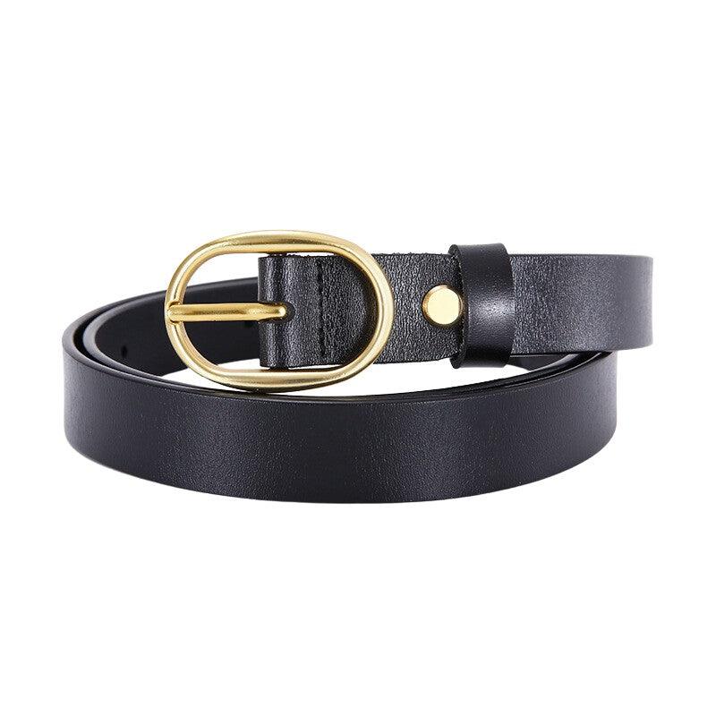 Belt in leather lisse buckle ovale golden for women, model FHuy - Zictor