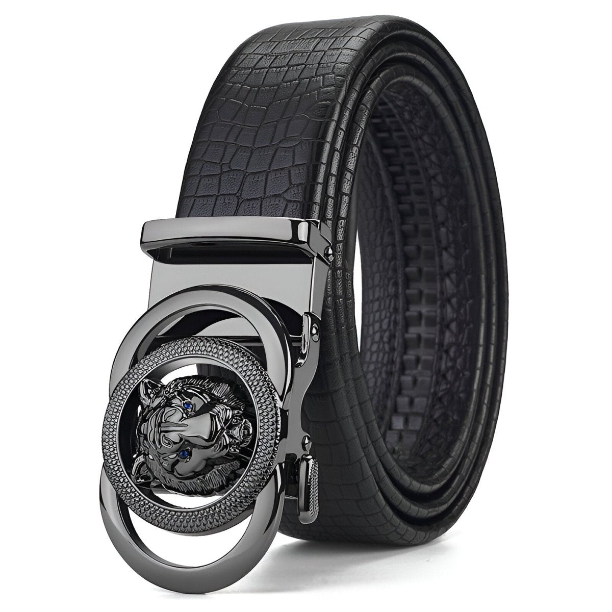 Belt leather aspect crocMadisyn, to buckle tête of lion, for men, model Cameren - Zictor