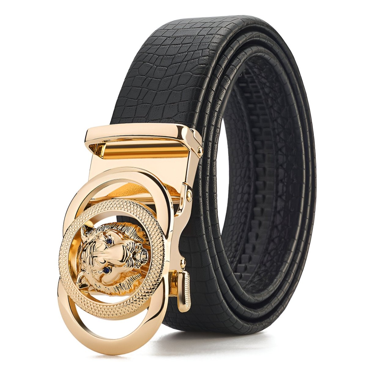 Belt leather aspect crocMadisyn, to buckle tête of lion, for men, model Cameren - Zictor