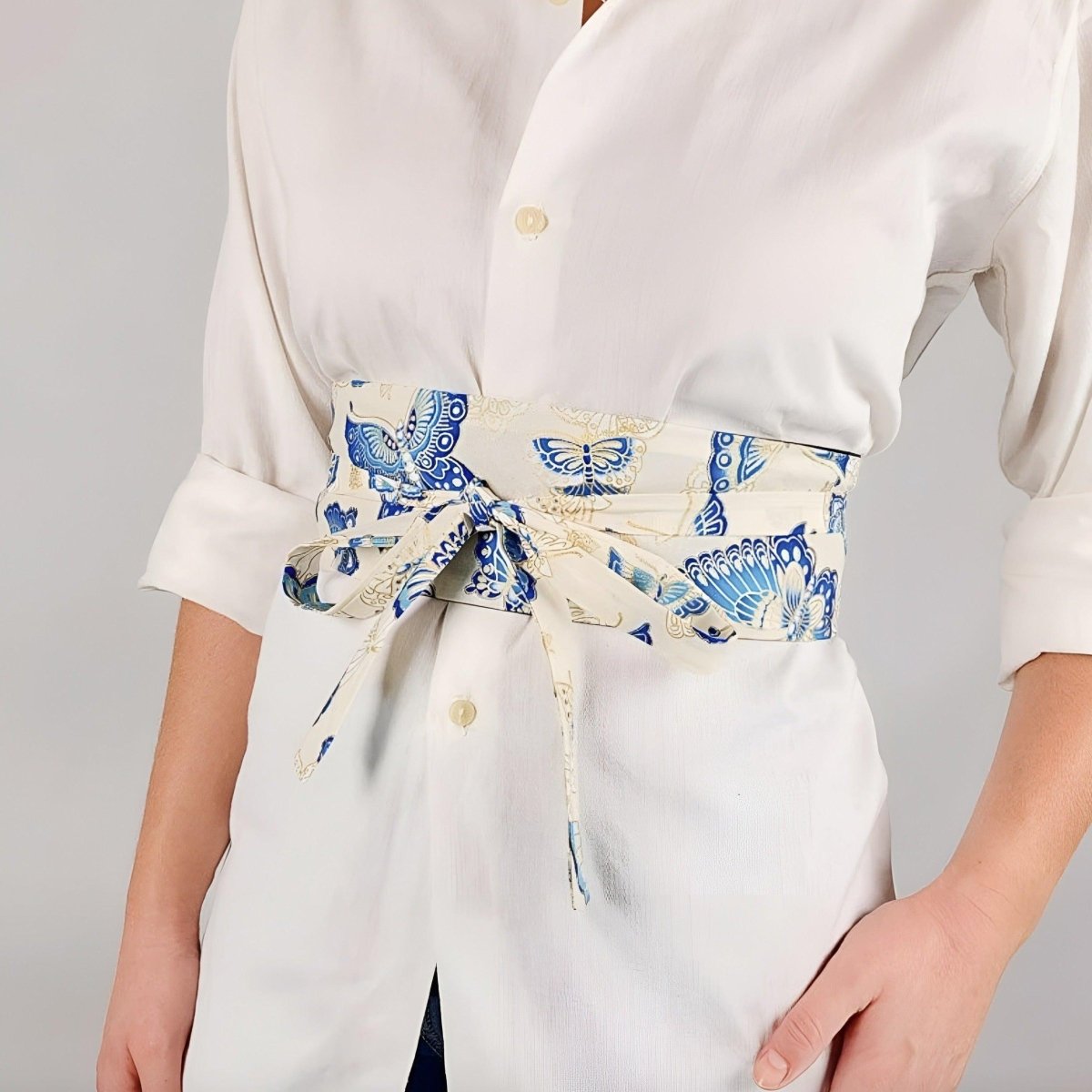 Belt Obi white to motifs papillon, model Lynseie - Zictor