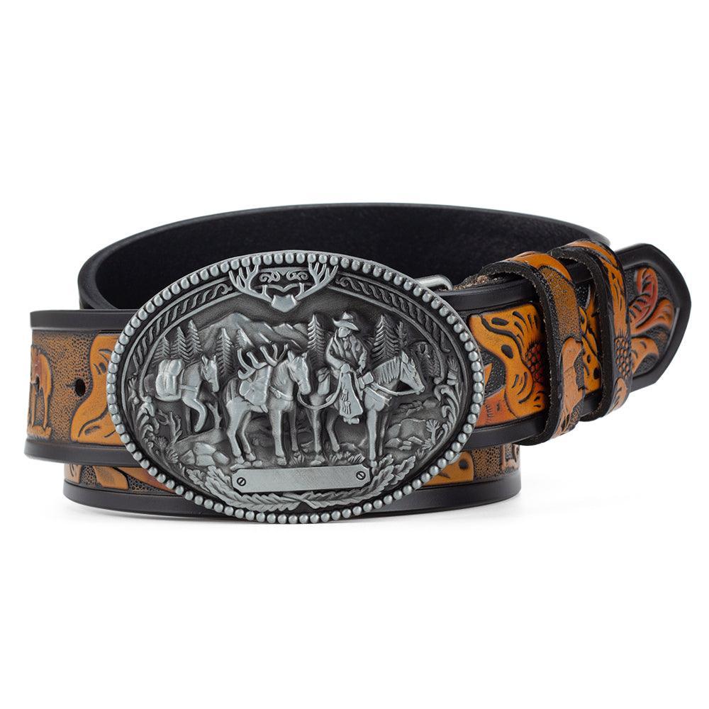 Horse Team Golden Buckle Embossed Leather Belt Cross Pattern Fashion Men West Cowboy Quincy by Zictor