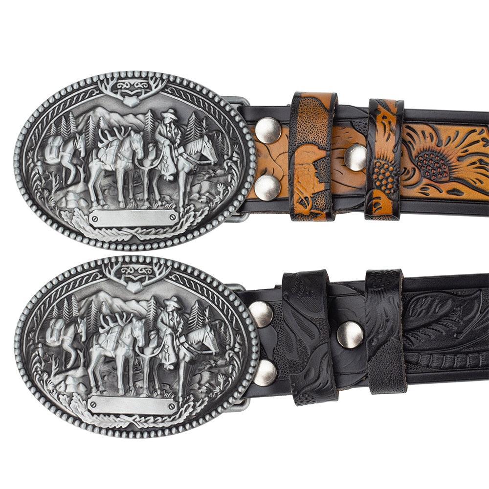 Horse Team Golden Buckle Embossed Leather Belt Cross Pattern Fashion Men West Cowboy Quincy by Zictor