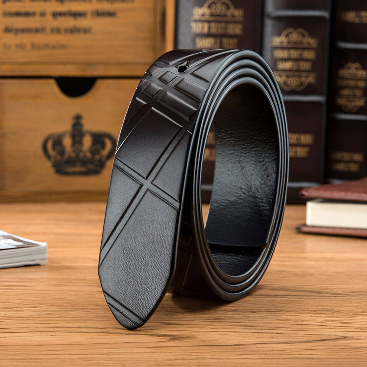 Strap of belt 3.4 cm, in leather, for buckles prongs, texturé, model Fable - Zictor