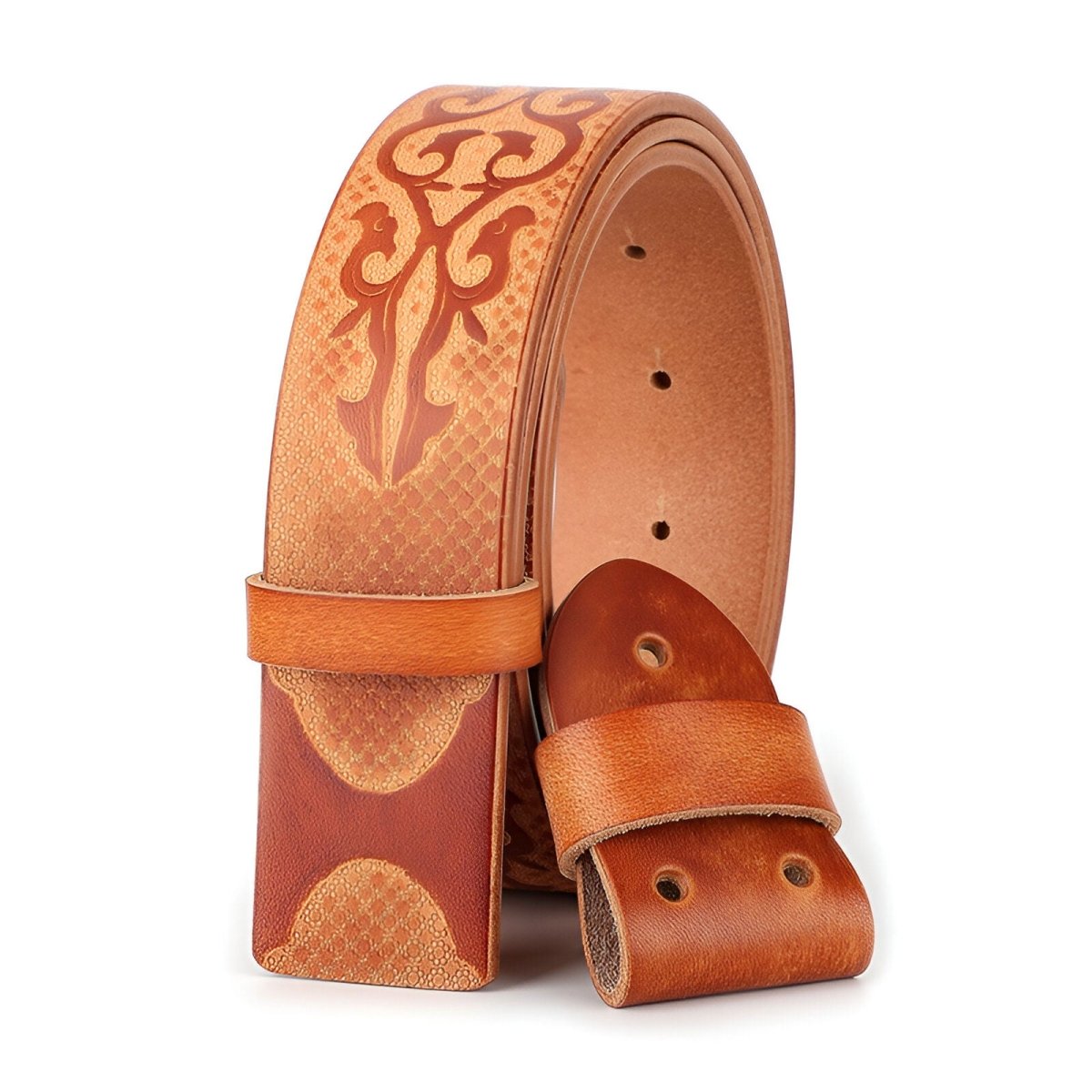 Strap of belt 3.8 cm, in leather pleine fleur, au motif ethnique, for buckles interchangeables, model Ellerie - Zictor
