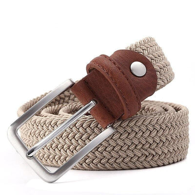 Beige Elastic Woven Belt With Silver Buckle - Model Qin