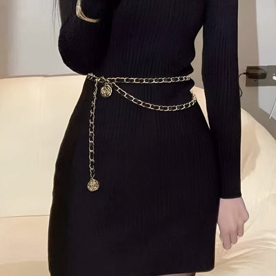 Gold Tone Chain Belt With Rose Pendants - Model Devin