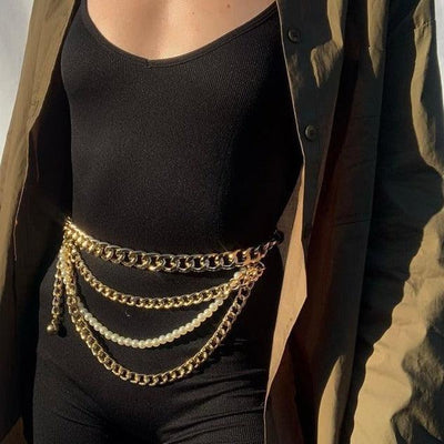 Gold Tone Pearl Double Chain Belt for Women - Model Greer