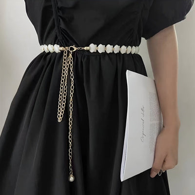 Golden Shell Chain Belt With Pearl Tip - Model Hart