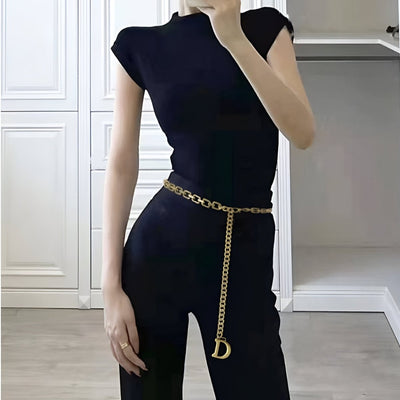 Gold Tone Chain Belt For Women With Initial D - Model Onyx
