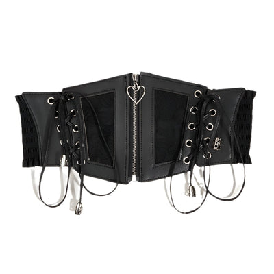 Black Zip Corset Belt With Satin Cords Textured - Ilker