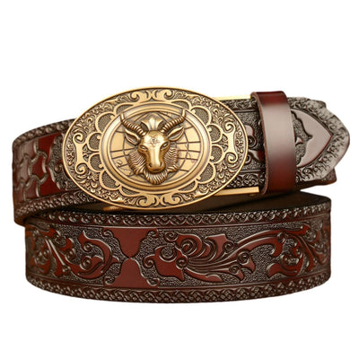 Cowhide Belt With Sheep Head Motif - Model Indygo