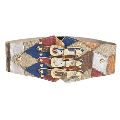 Geometric Patchwork Belt XXL With Gold Buckle - Model Arya
