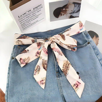 Elegant Feather Print Silk Scarf Belt Boho - Model Nari