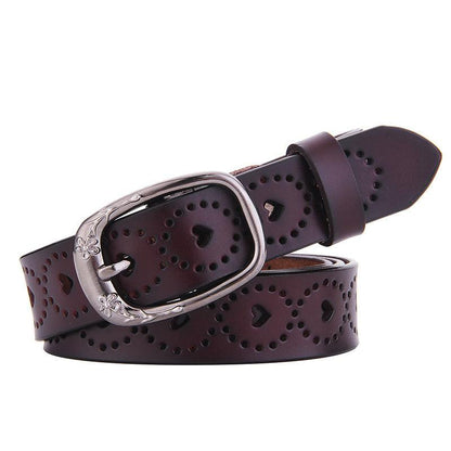 Belt in leather ajouré for women motifs coeurs and buckle fleurs, model FCheni - Zictor