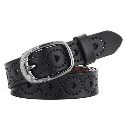 Belt in leather ajouré for women motifs coeurs and buckle fleurs, model FCheni - Zictor