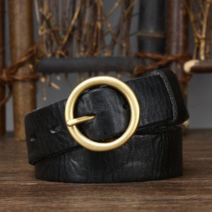 Belt in leather, aspect vieilli, buckle ronde, for women, model Bar - Zictor