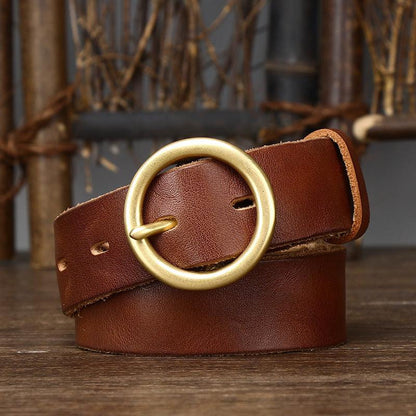 Belt in leather, aspect vieilli, buckle ronde, for women, model Bar - Zictor
