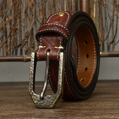 Belt in leather for men, with piqure white sur strap, model Noaen - Zictor