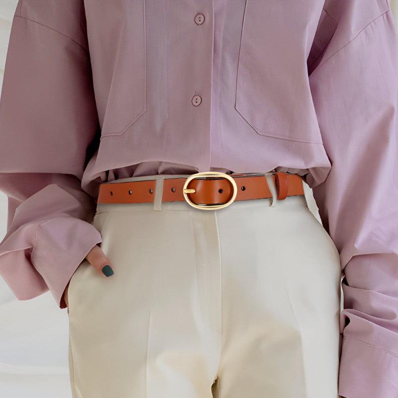 Belt Leather Lisse Buckle Ovale Golden For Women Model Kaci by Zictor