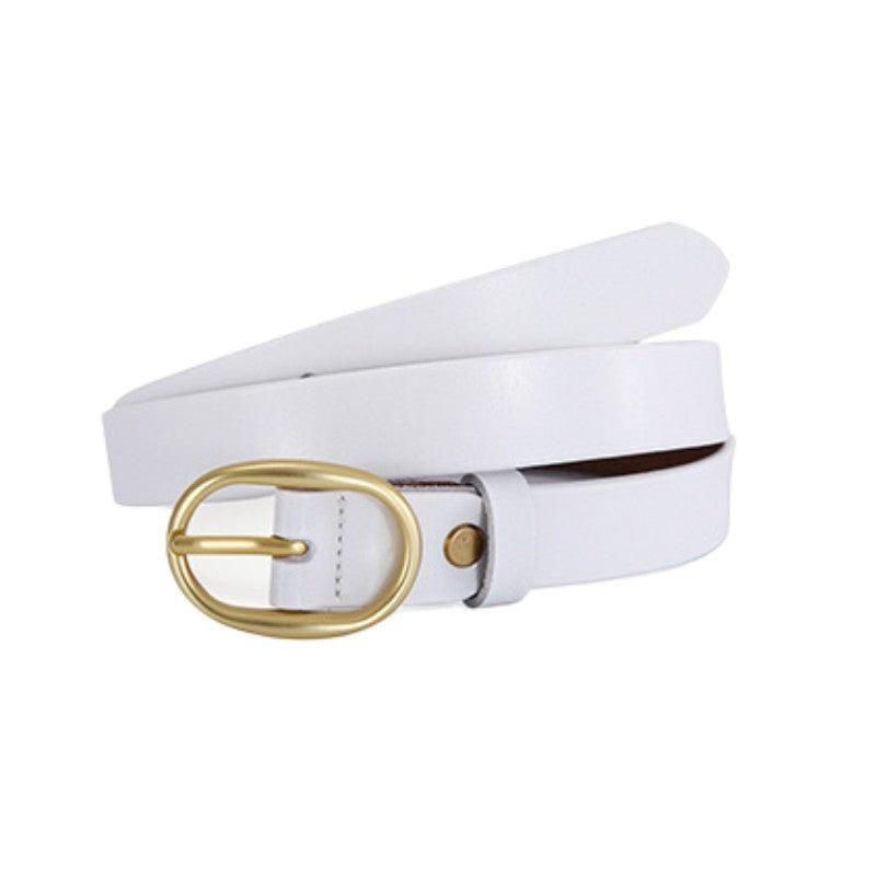 Belt in leather lisse buckle ovale golden for women, model FHuy - Zictor