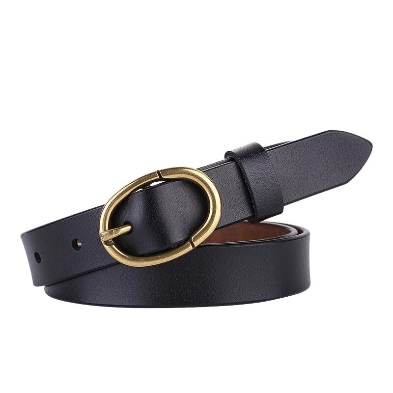 Belt in leather lisse buckle ovale golden Rétro for women, model Edenea - Zictor