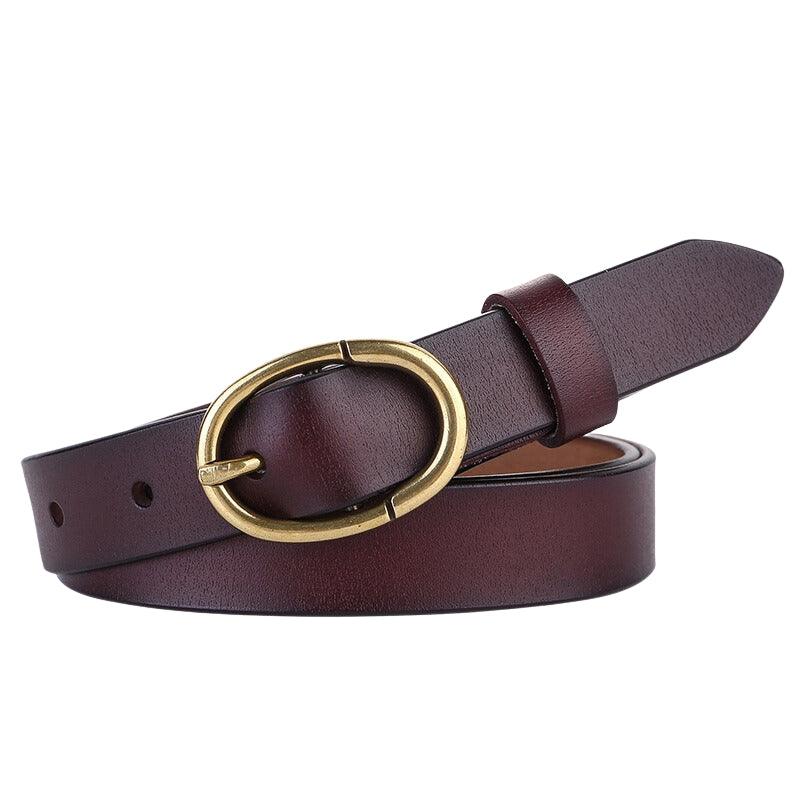 Belt in leather lisse buckle ovale golden Rétro for women, model Edenea - Zictor