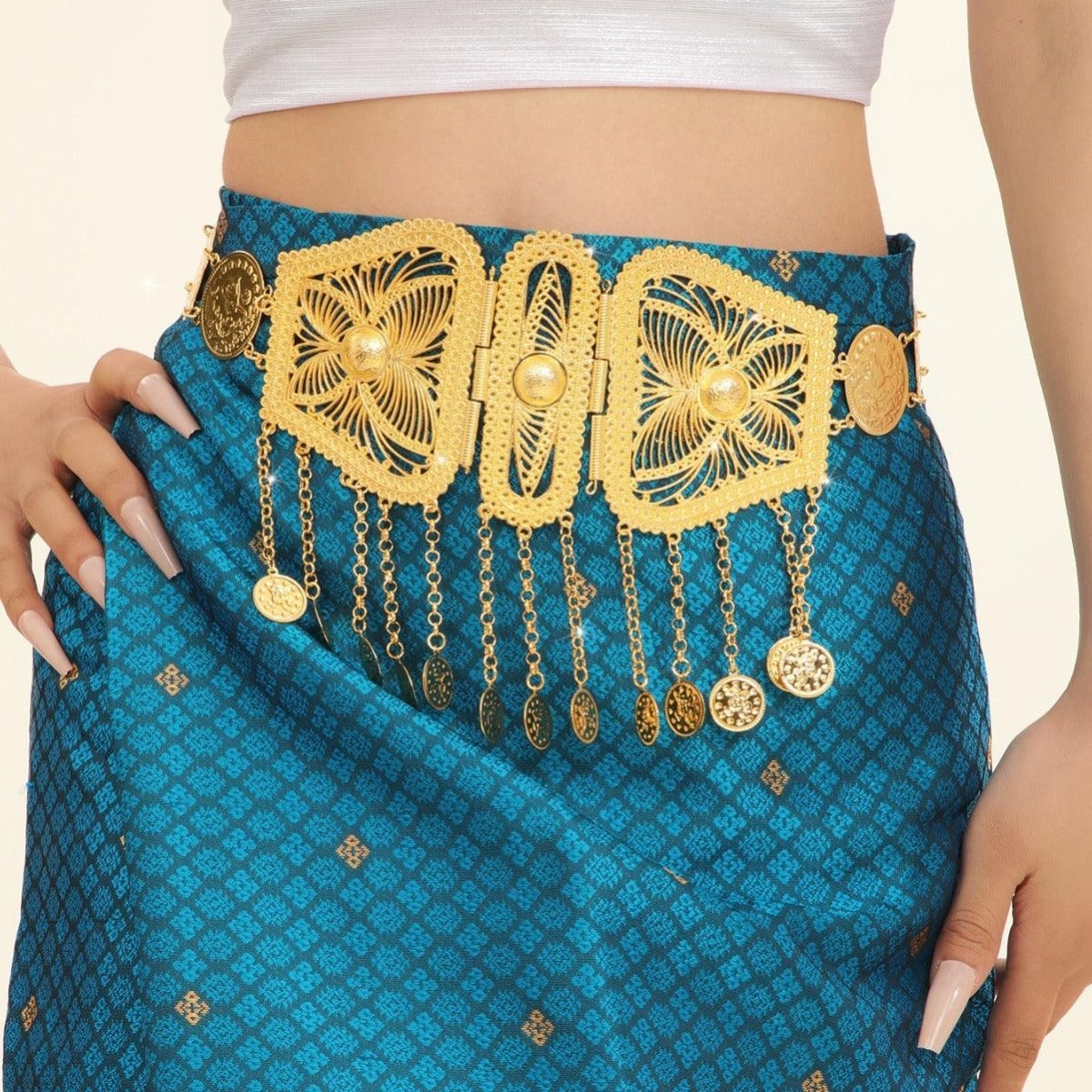 Belt marocaine golden with pendentifs and représentation of pièces of monnaie, model Jayme - Zictor