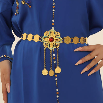 Gold Tone Belt With Ruby Motif Pendants - Model Lindsey