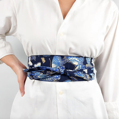 Black Japanese Obi Belt With Butterfly Print - Model Hikaru