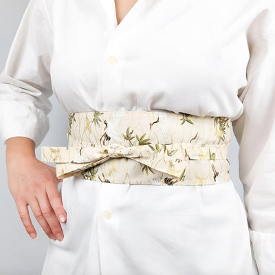Beige Crane Motif Obi Belt With Knot Buckle - Model Riley