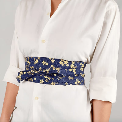 Blue Sakura Flower Print Obi Belt - Traditional - Model Dacey